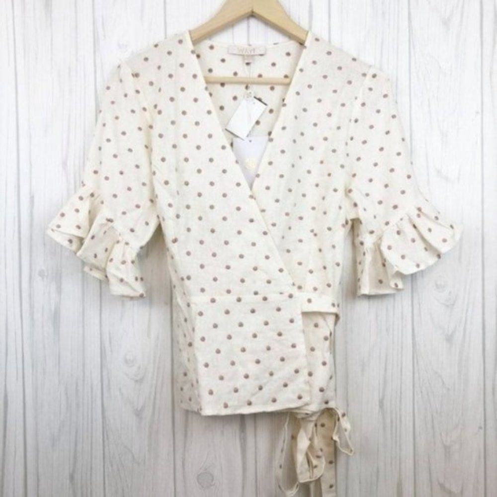 WAYF Kaitlyn Linen Blend Wrap Polka Dot Top  - Picture 2 of 6